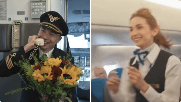 Captain Konrad Hanc LOT Polish Airlines proposes to flight attendant girlfriend mid-flight in front of passengers.